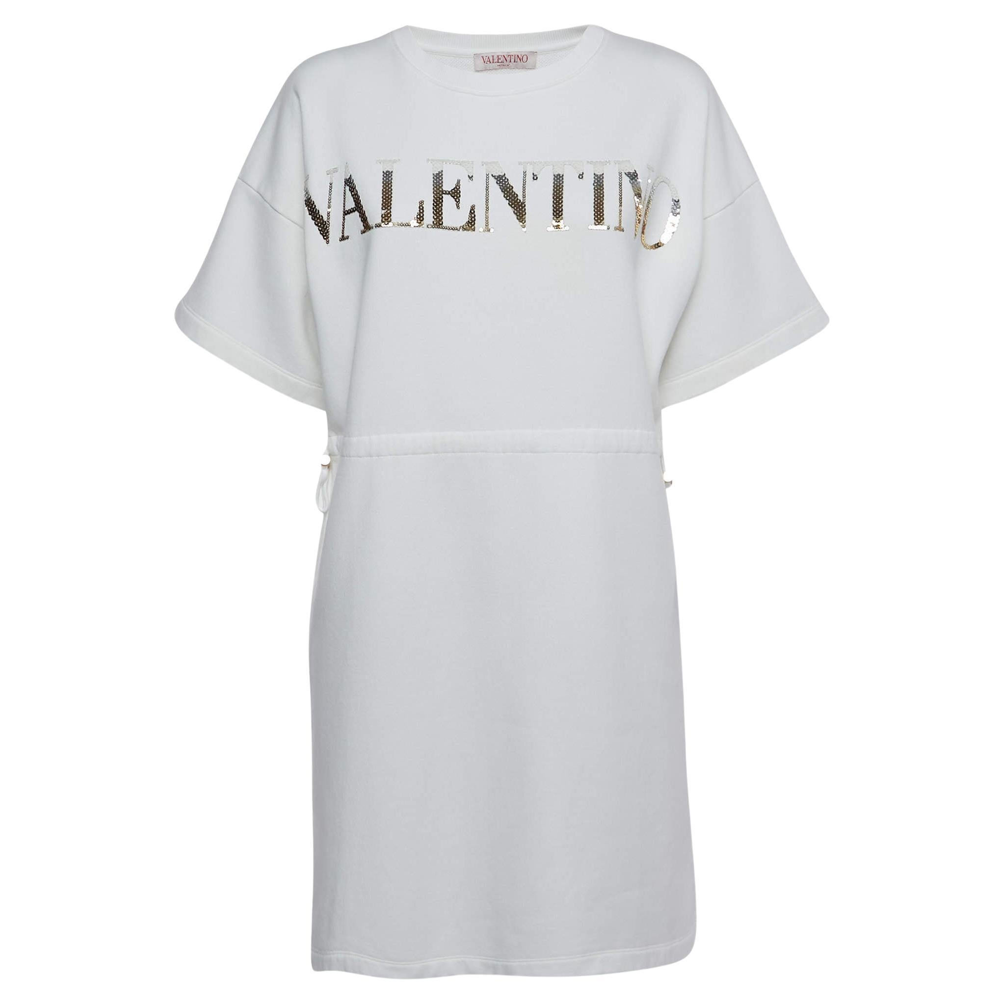 Valentino White Jersey Sequined Logo T-Shirt Dress S