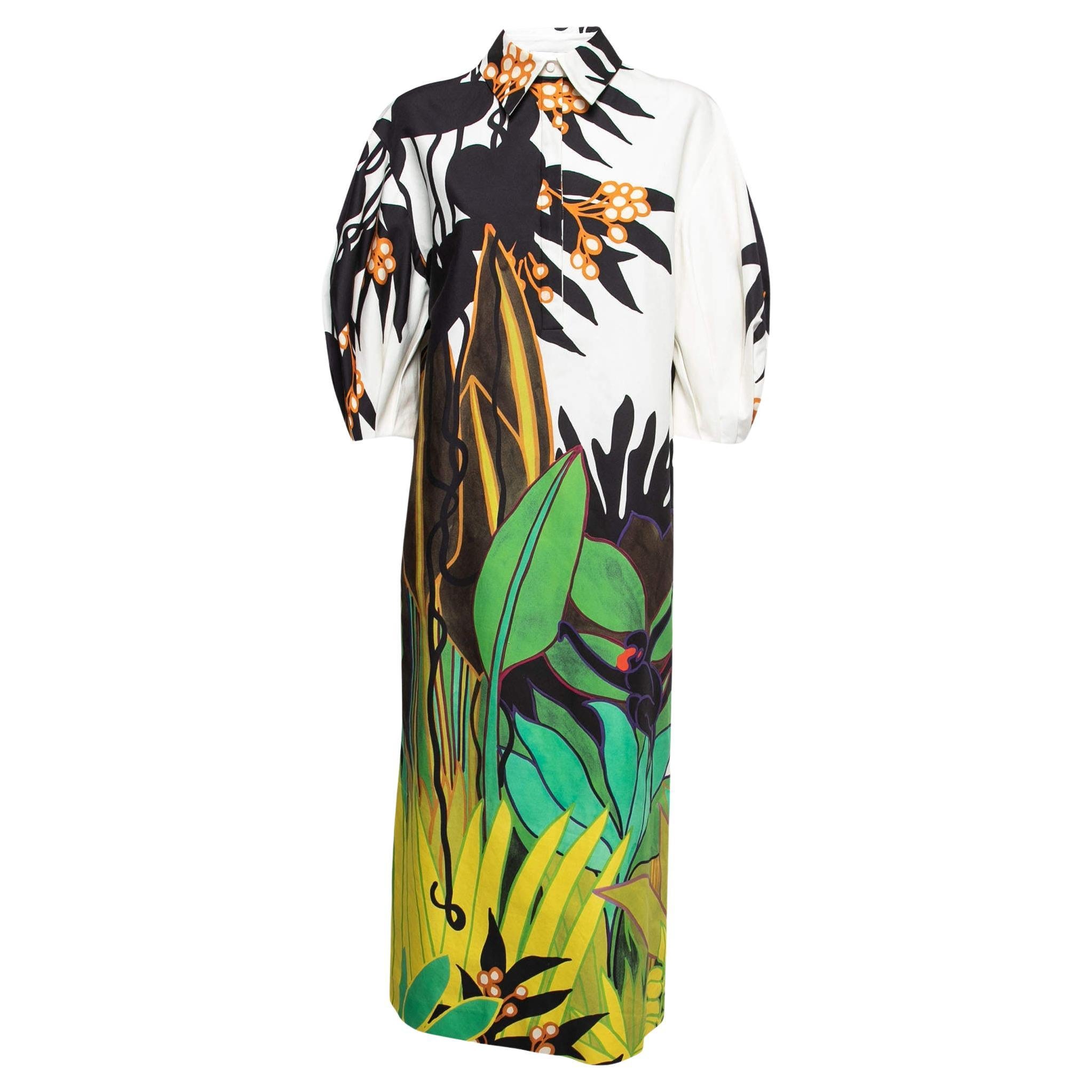 Valentino Weißes langes Kleid aus Baumwolle mit Puffärmeln und Dschungelmuster S im Angebot