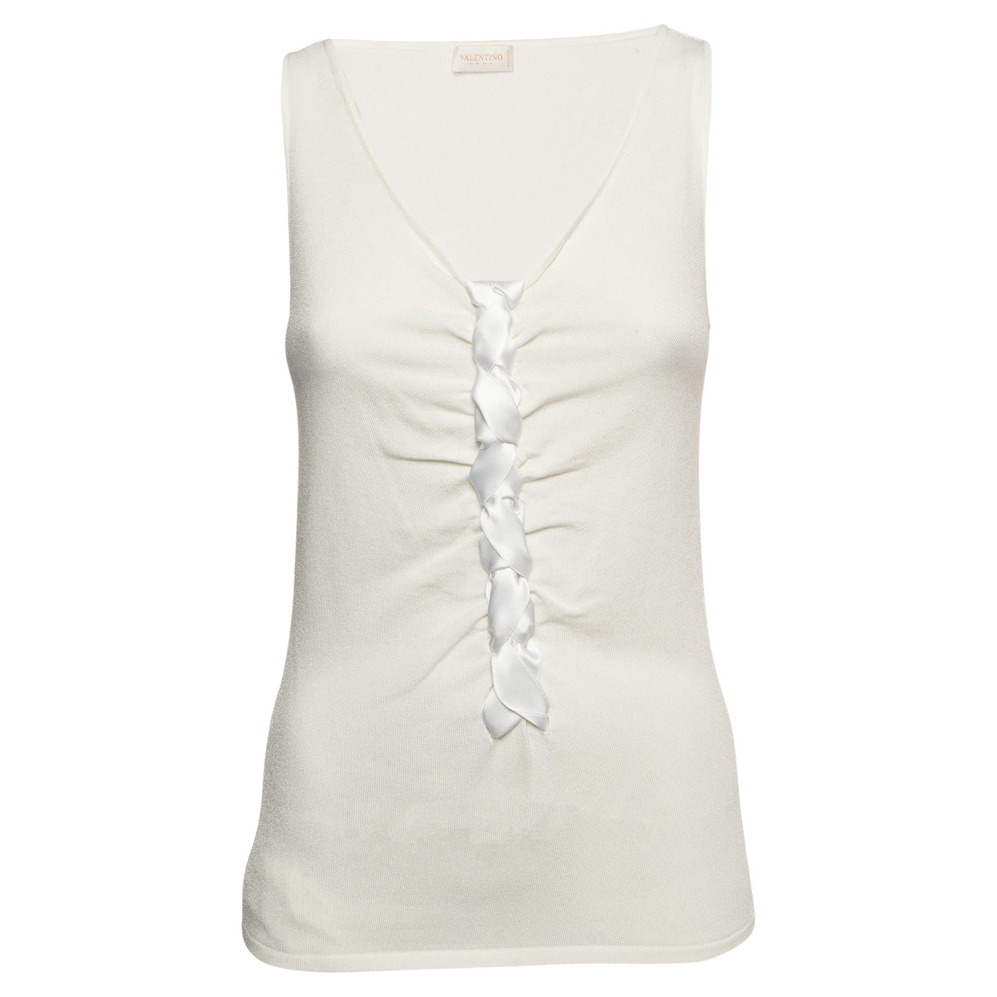 Valentino White Knit Braid Detailed Sleeveless Top M For Sale