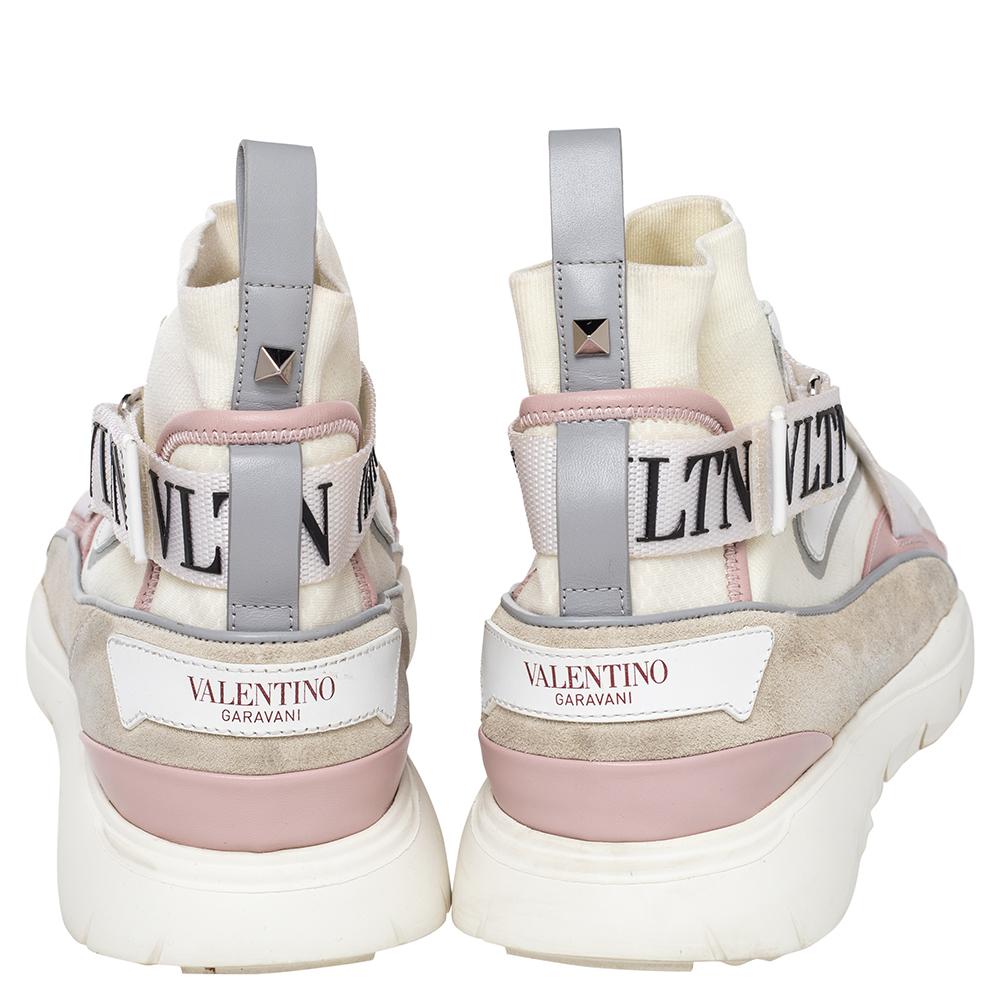 Valentino White Knit Fabric And Leather VLTN High Top Sneakers Size 41 In Fair Condition In Dubai, Al Qouz 2