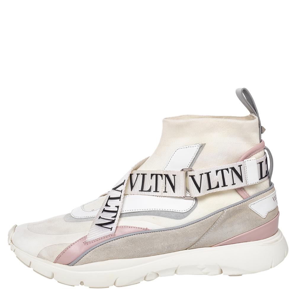 Valentino White Knit Fabric And Leather VLTN High Top Sneakers Size 41 1