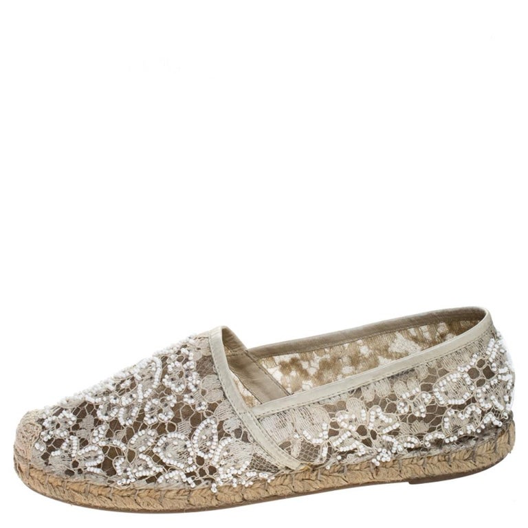 Valentino White Lace Embellished Espadrilles Slip On Loafers Size 35 at ...