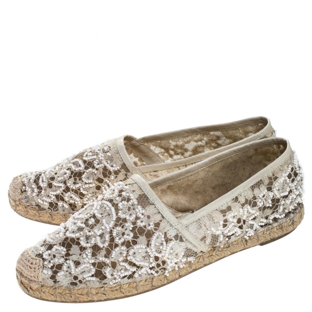 Valentino White Lace Embellished Espadrilles Slip On Loafers Size 35 1