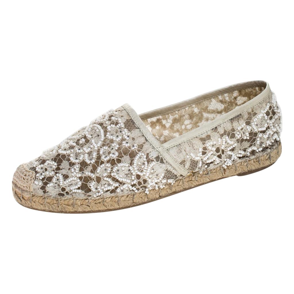 Valentino White Lace Embellished Espadrilles Slip On Loafers Size 35