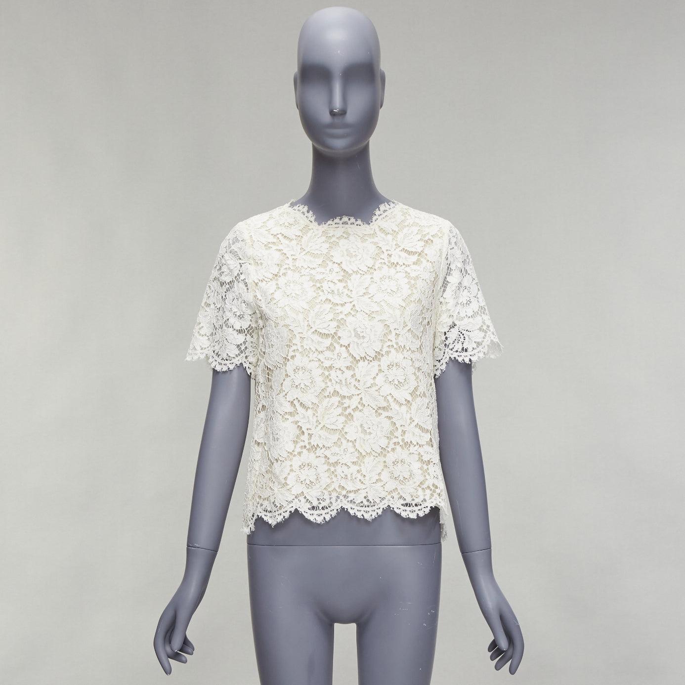 VALENTINO white lace nude overlay scallop cuff hem boxy crop top 8
