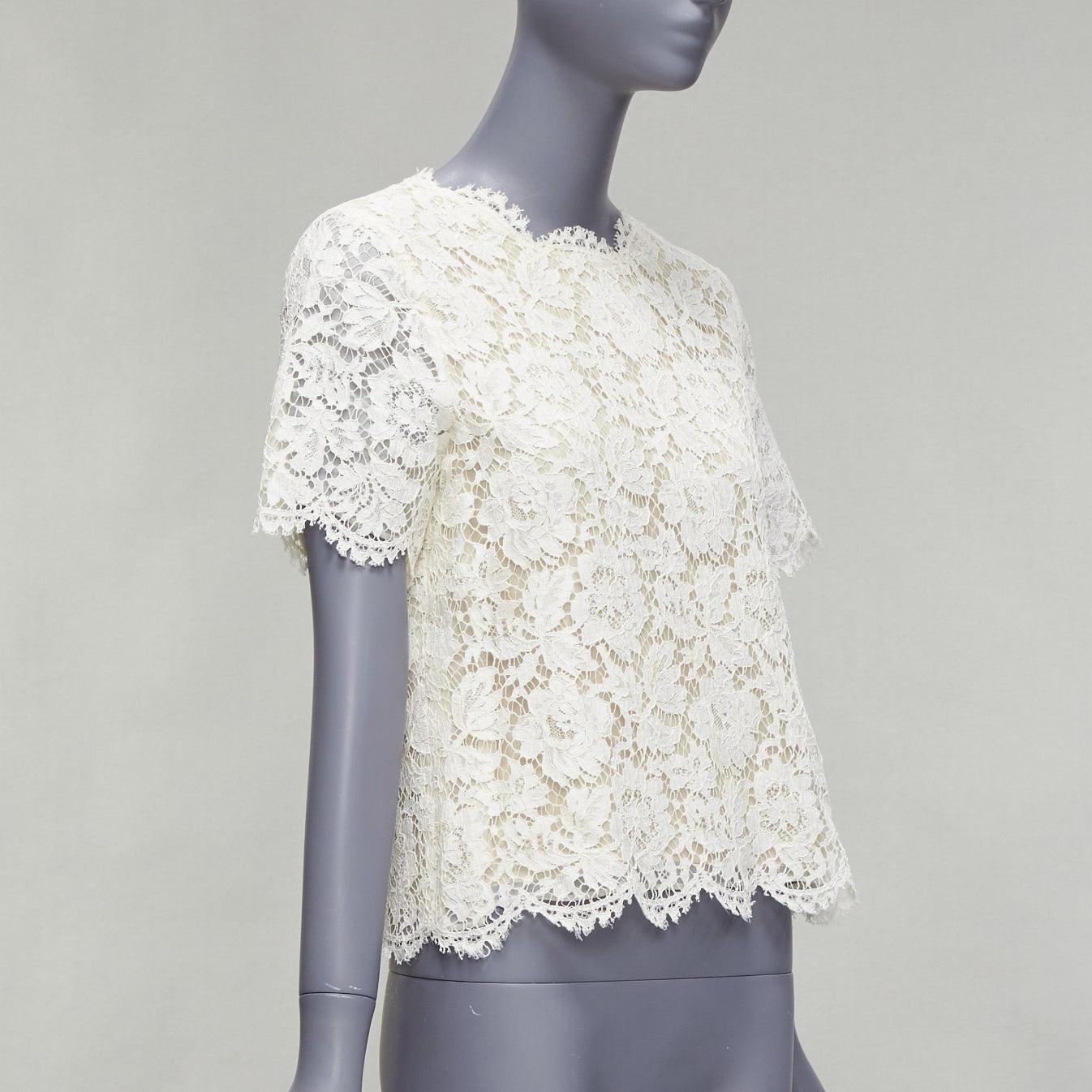 Gray VALENTINO white lace nude overlay scallop cuff hem boxy crop top