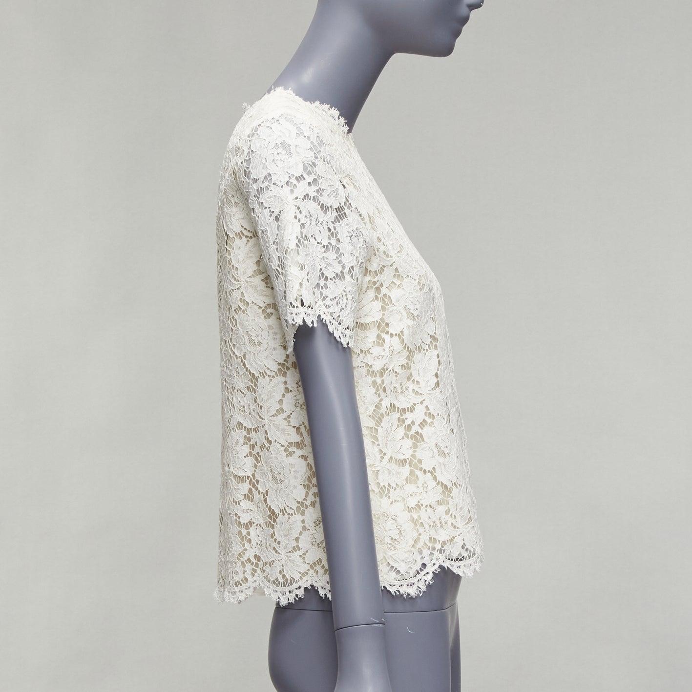 Women's VALENTINO white lace nude overlay scallop cuff hem boxy crop top