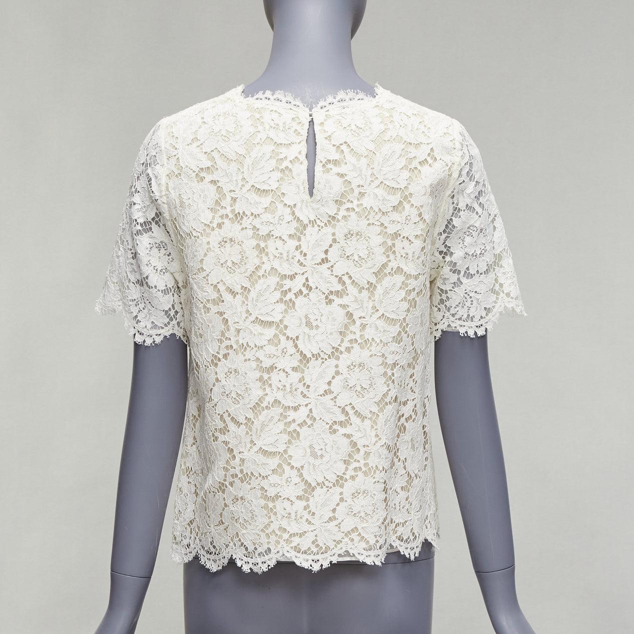 VALENTINO white lace nude overlay scallop cuff hem boxy crop top 1