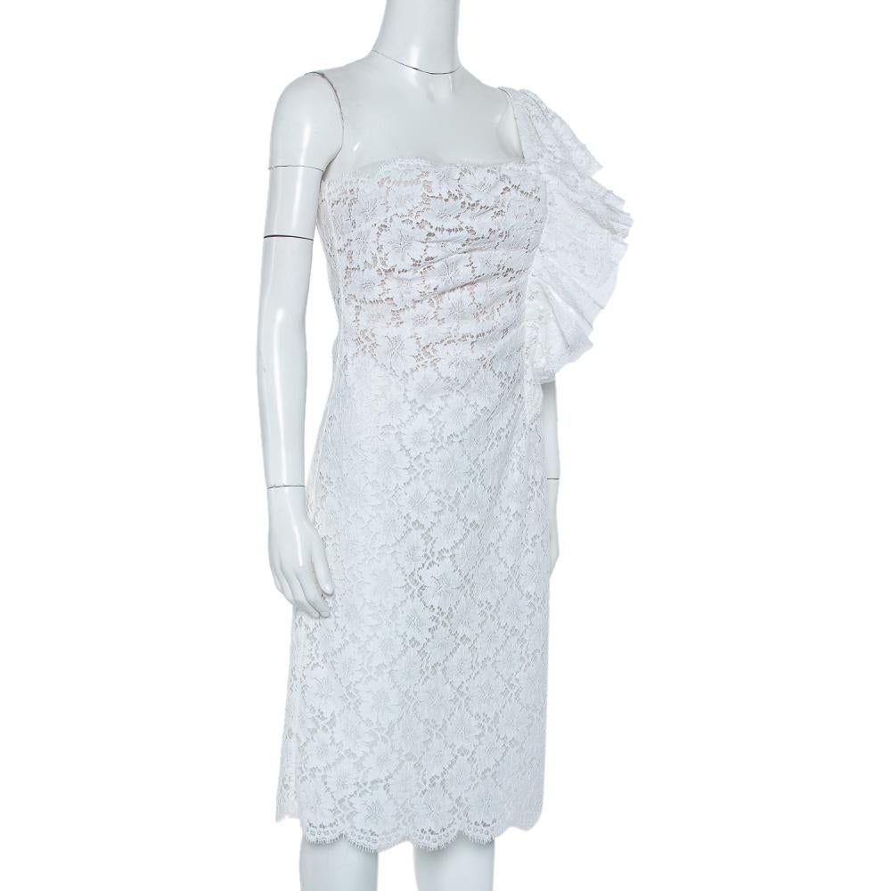 Gris Valentino - Robe midi asymétrique à volants en dentelle blanche, taille M en vente