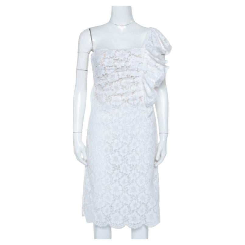 Valentino Blanco Encaje Volante Detalle Un Hombro Vestido Midi M en venta