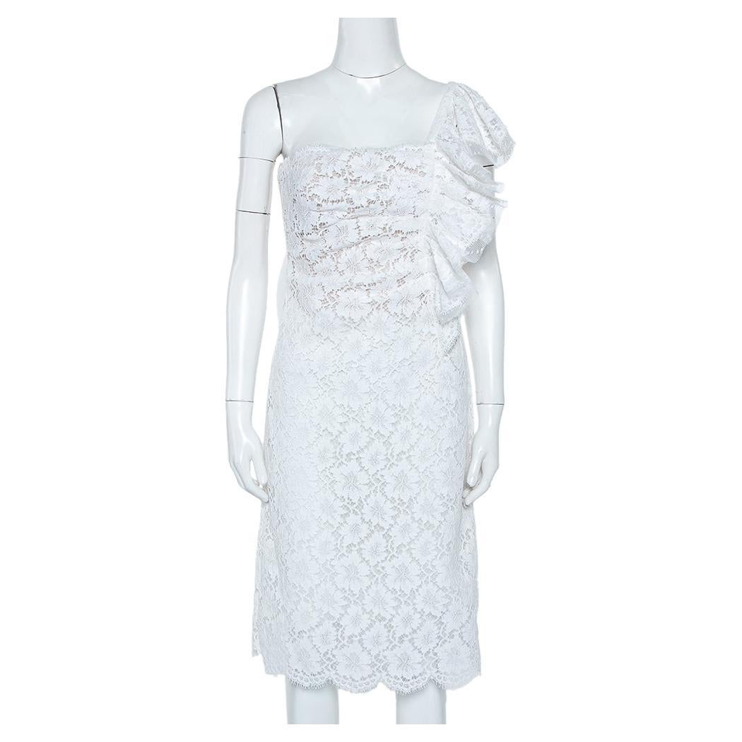 Valentino White Lace Ruffle Detail One Shoulder Midi Dress M For Sale