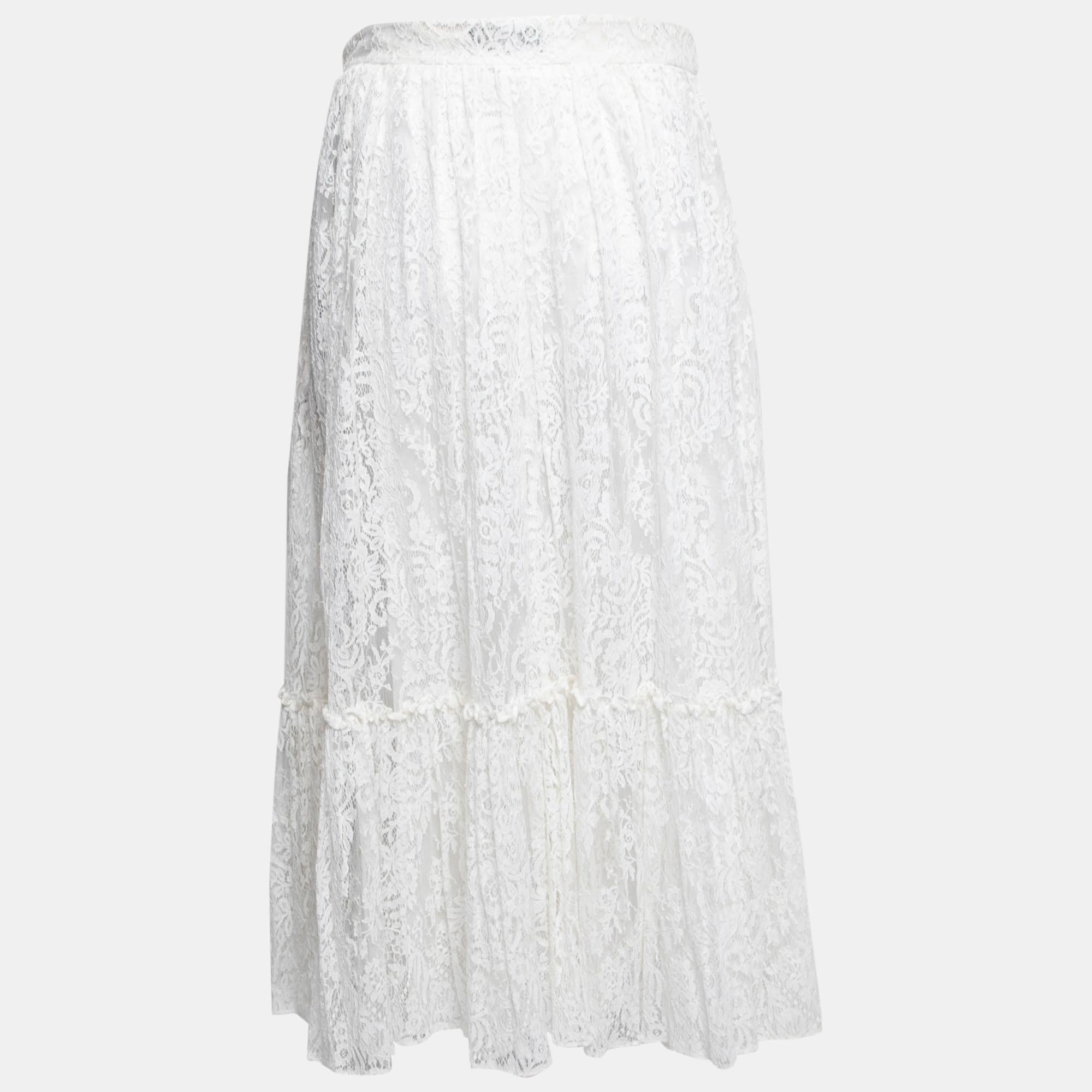 Valentino White Lace Tiered Midi Skirt S For Sale at 1stDibs
