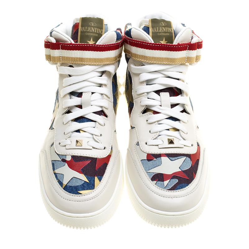 Valentino White Leather and Camouflage Denim High-Top Sneakers Size 42 In New Condition In Dubai, Al Qouz 2