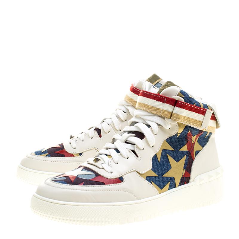 Women's Valentino White Leather and Camouflage Denim High-Top Sneakers Size 42