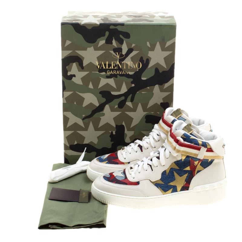 Valentino White Leather and Camouflage Denim High-Top Sneakers Size 42 4