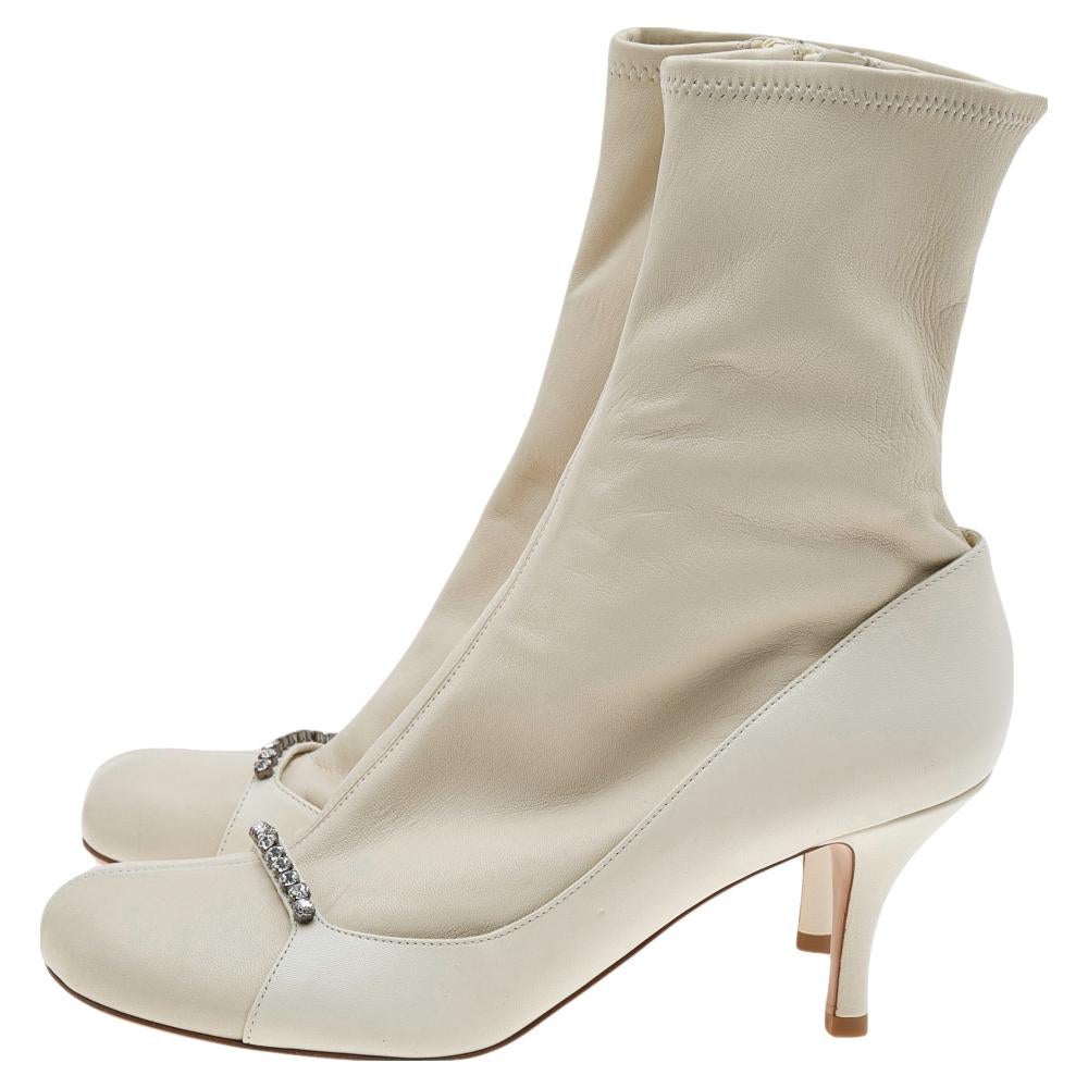 Valentino White Leather Embellished Ankle Length Boots Size 39 1