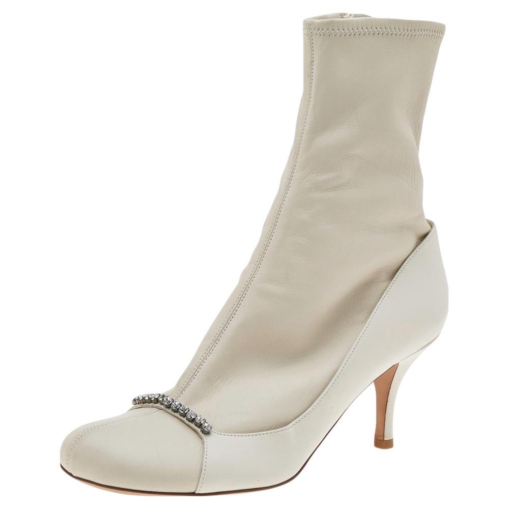 Valentino White Leather Embellished Ankle Length Boots Size 39 3