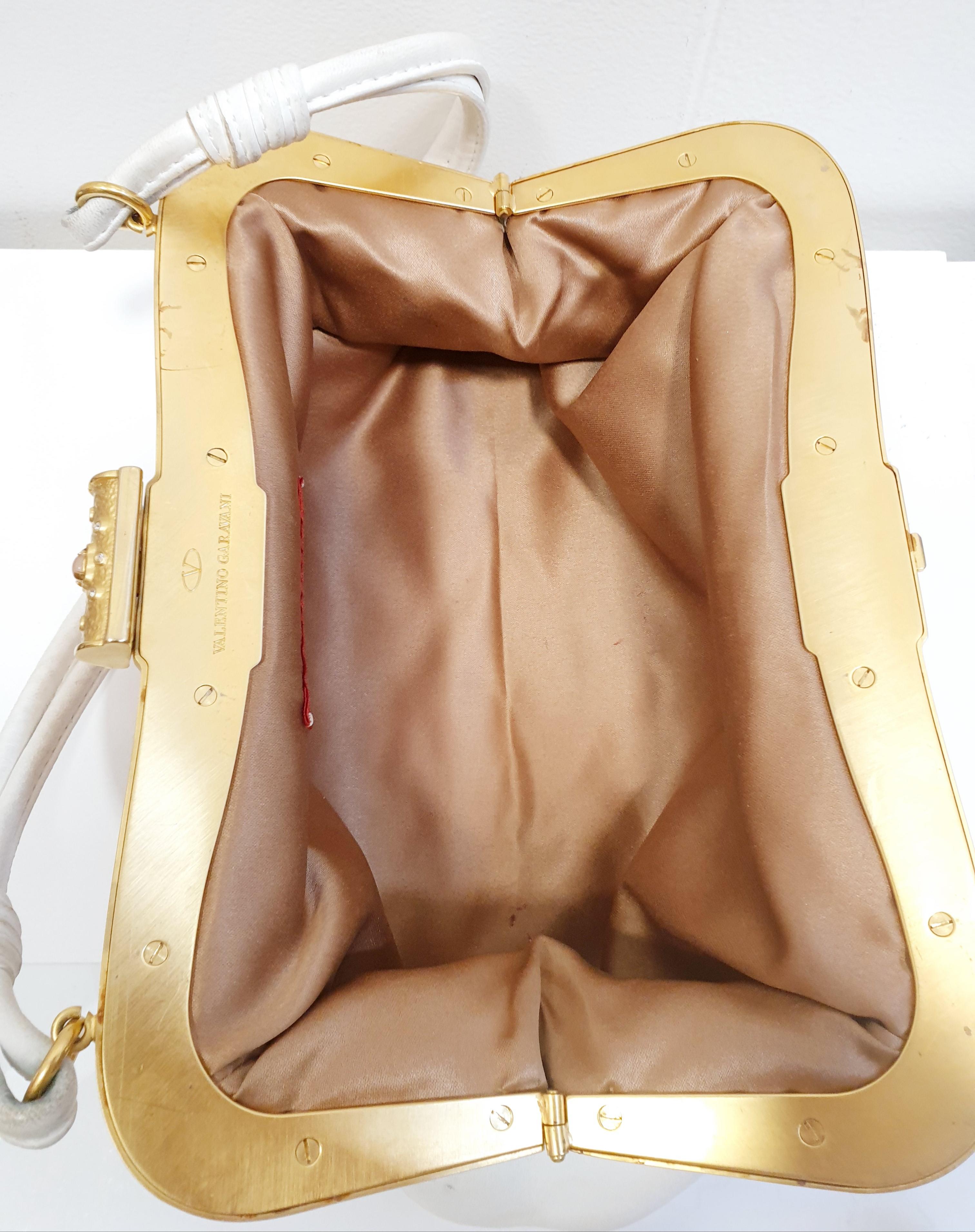 Valentino White Leather Floral Embroidered Frame Baguette Bag 2