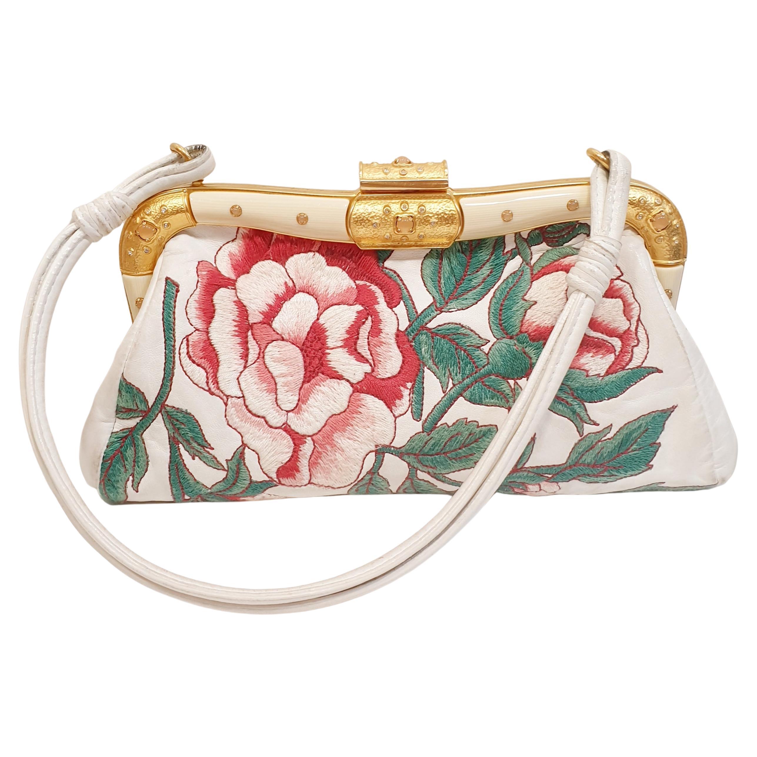 Valentino White Leather Floral Embroidered Frame Baguette Bag at 1stDibs