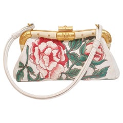 Valentino White Leather Floral Embroidered Frame Baguette Bag