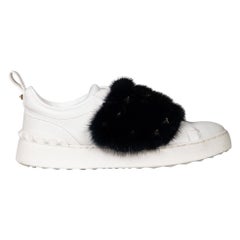 Valentino White Leather Fur Trim Velcro Trainers Size IT 38.5