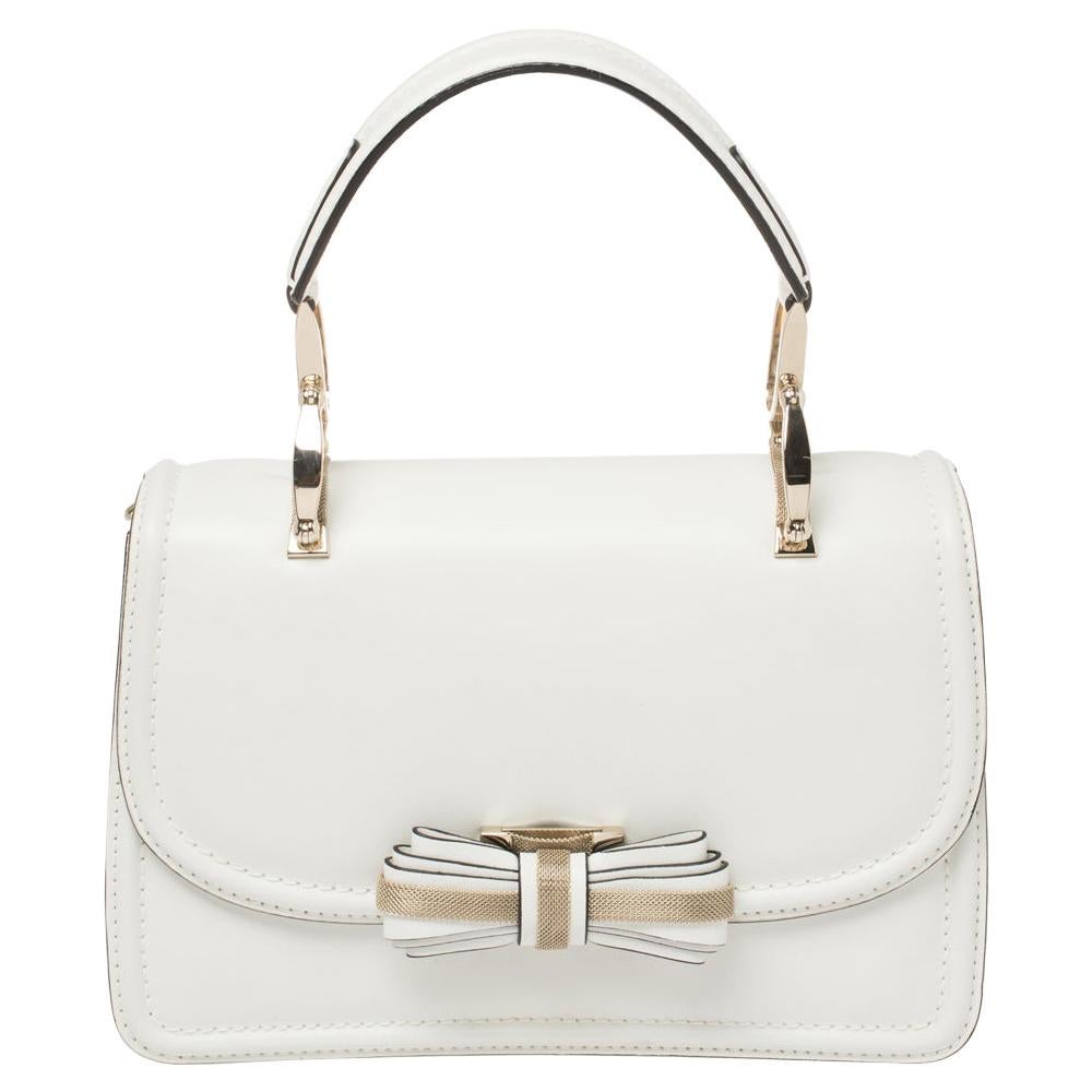 Valentino White Leather Metal Mesh Bow Flap Top Handle Bag
