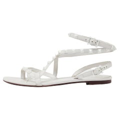 Valentino White Leather Rockstud Ankle Wrap Flat Sandals Size 38