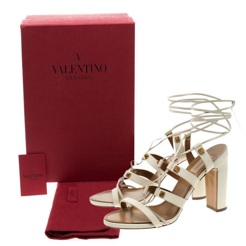 Valentino White Leather Rockstud Block Heel Gladiator Lace Up Sandals Size 39 3