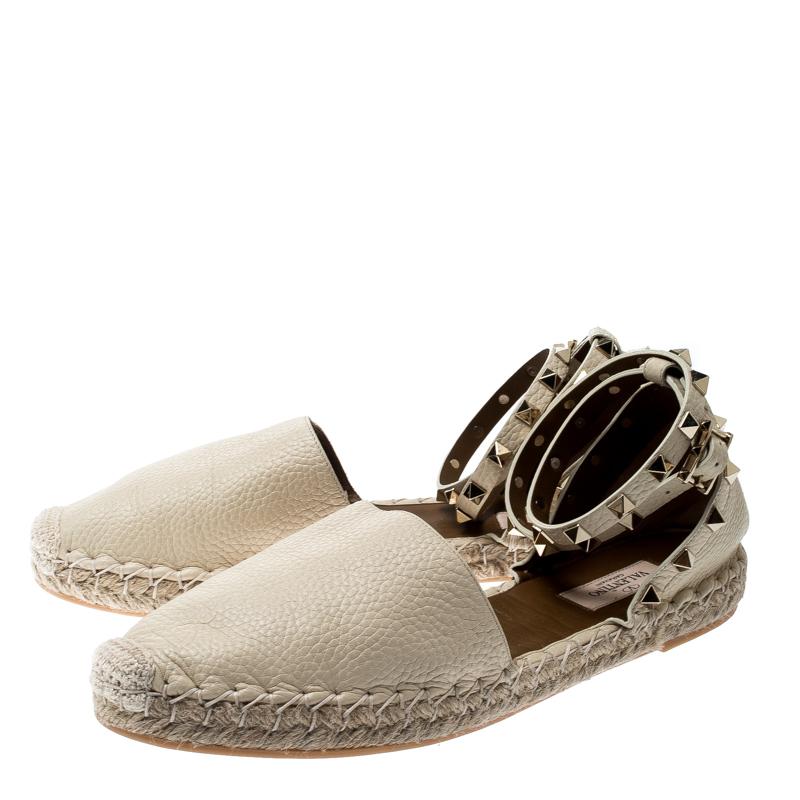 Brown Valentino White Leather Rockstud Espadrille Flat Sandals Size 40