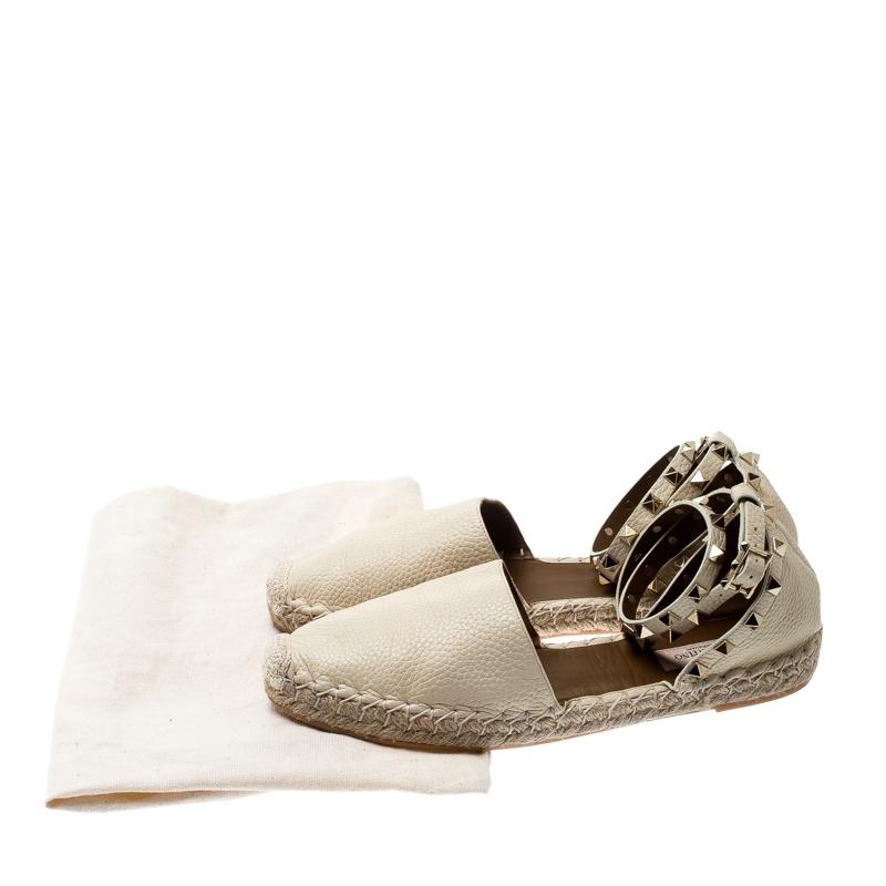 Women's Valentino White Leather Rockstud Espadrille Flat Sandals Size 40