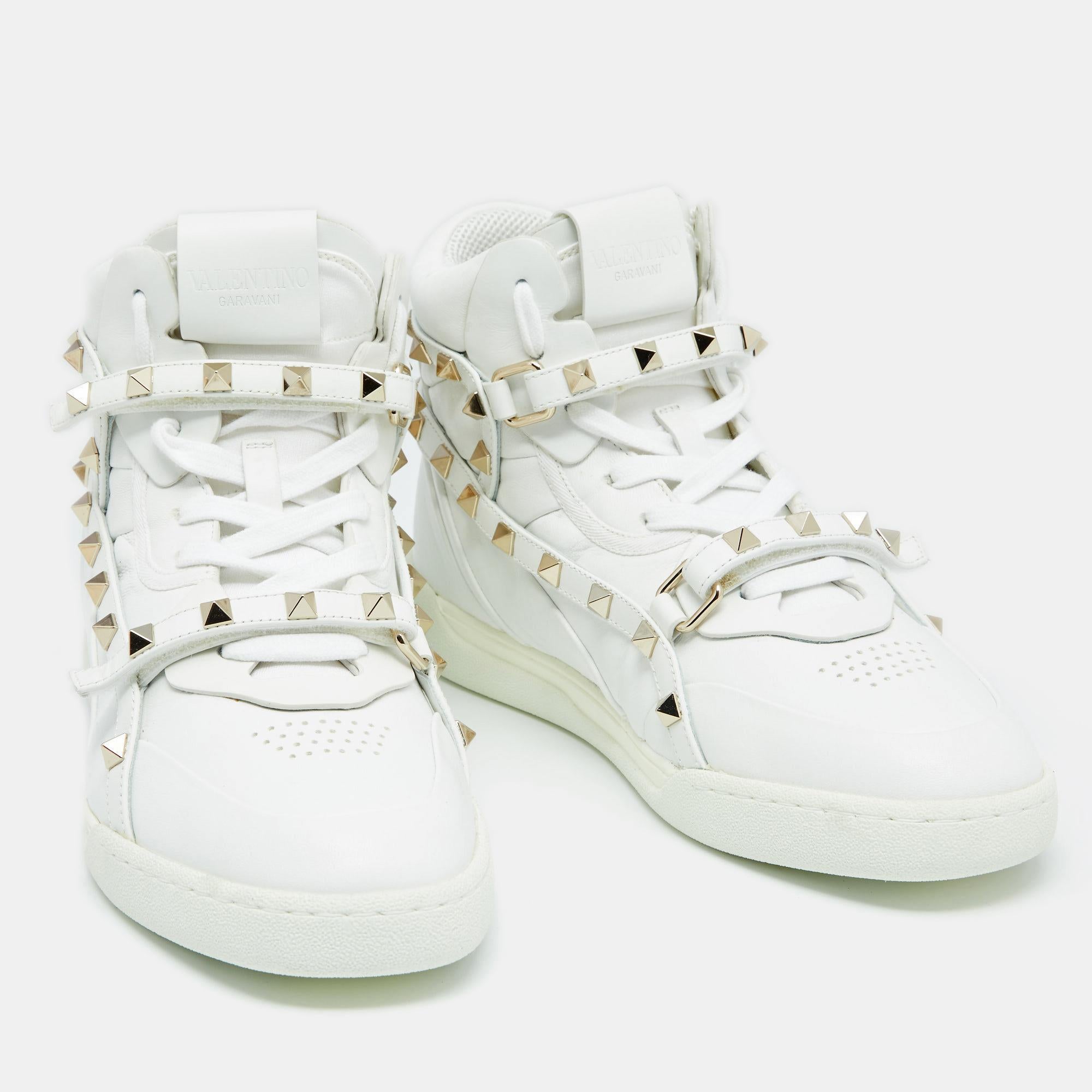 Gray Valentino White Leather Rockstud High Top Sneakers Size 38.5