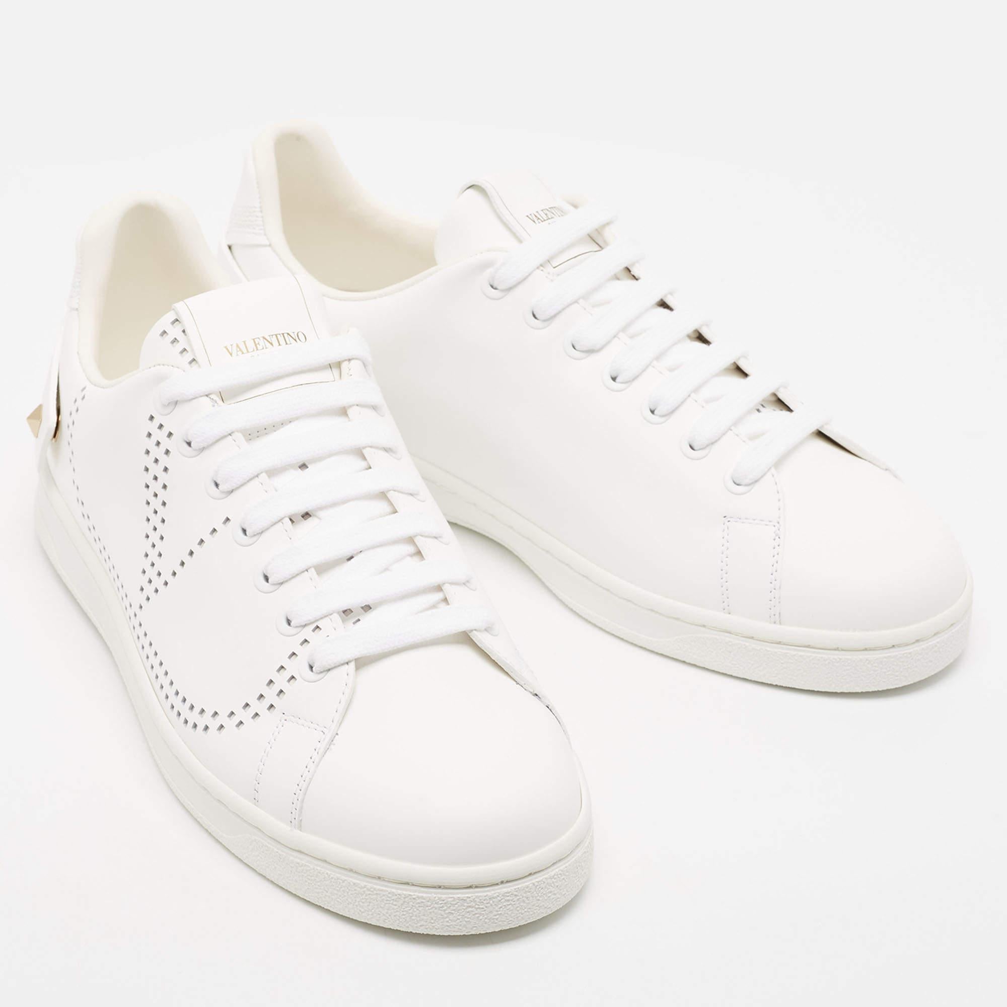 Gray Valentino White Leather Rockstud Low Top Sneakers Size 39.5