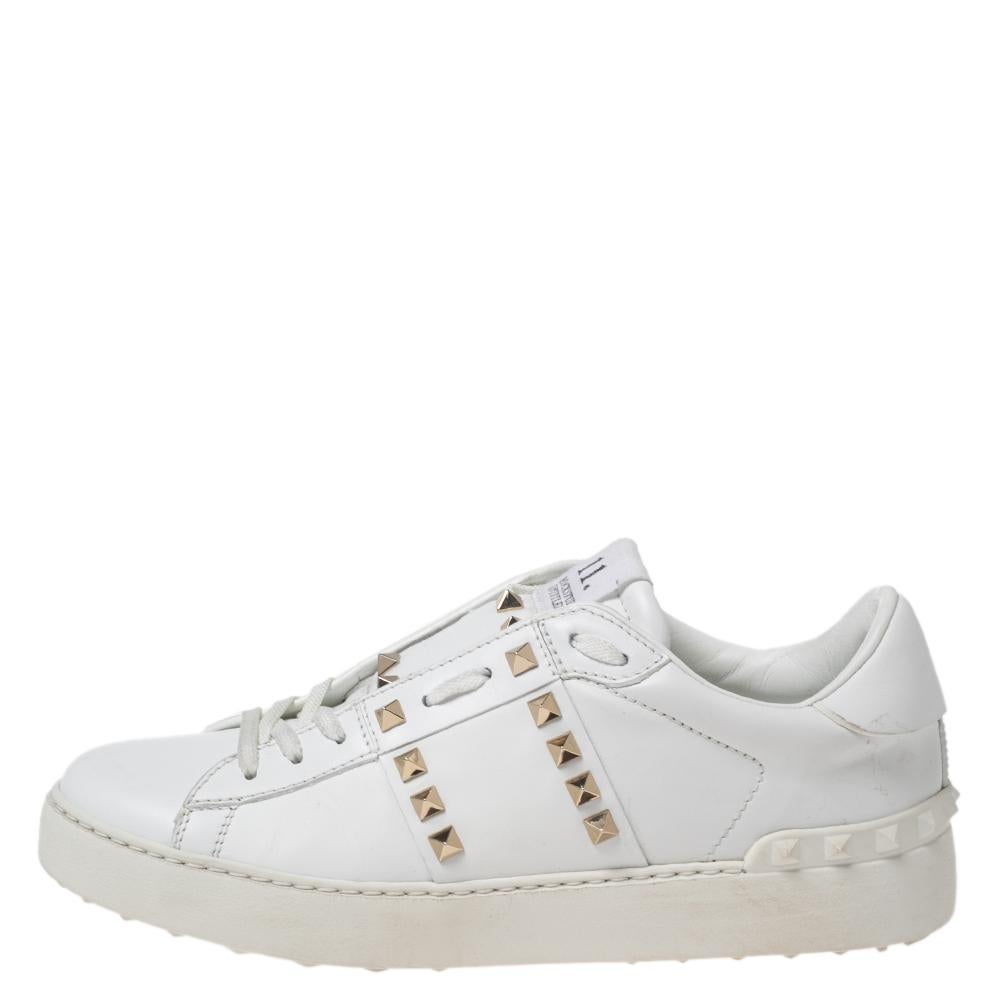 Gray Valentino White Leather Rockstud Sneakers Size 39