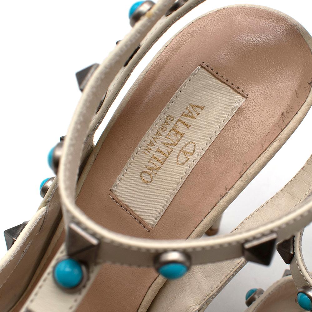 Valentino White Leather Rolling Rockstud Turquoise Ankle Strap Sandals In Excellent Condition In London, GB
