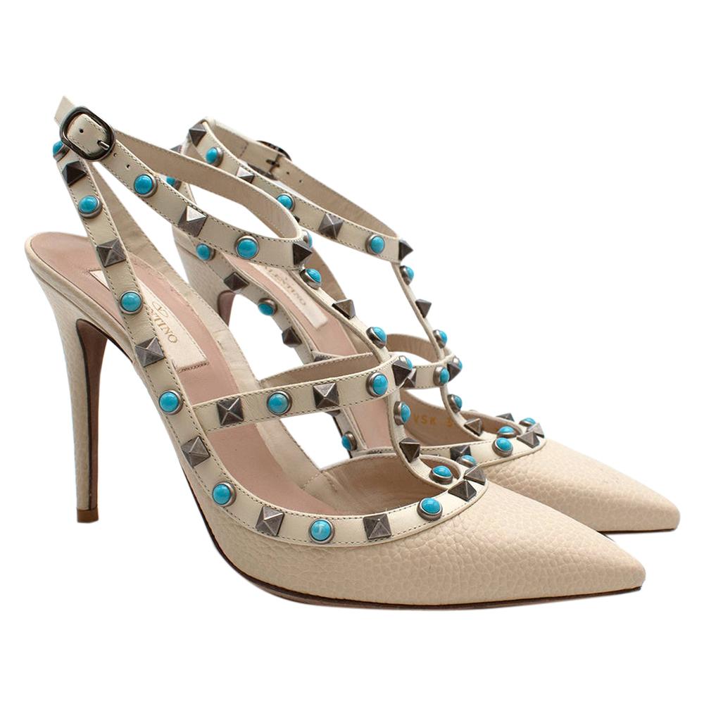 Valentino White Leather Rolling Rockstud Turquoise Ankle Strap Sandals