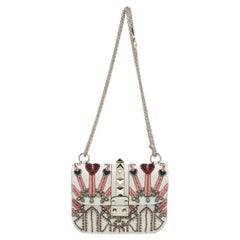 Valentino White Leather Small Crystal, Beaded Embellished  Flap Bag