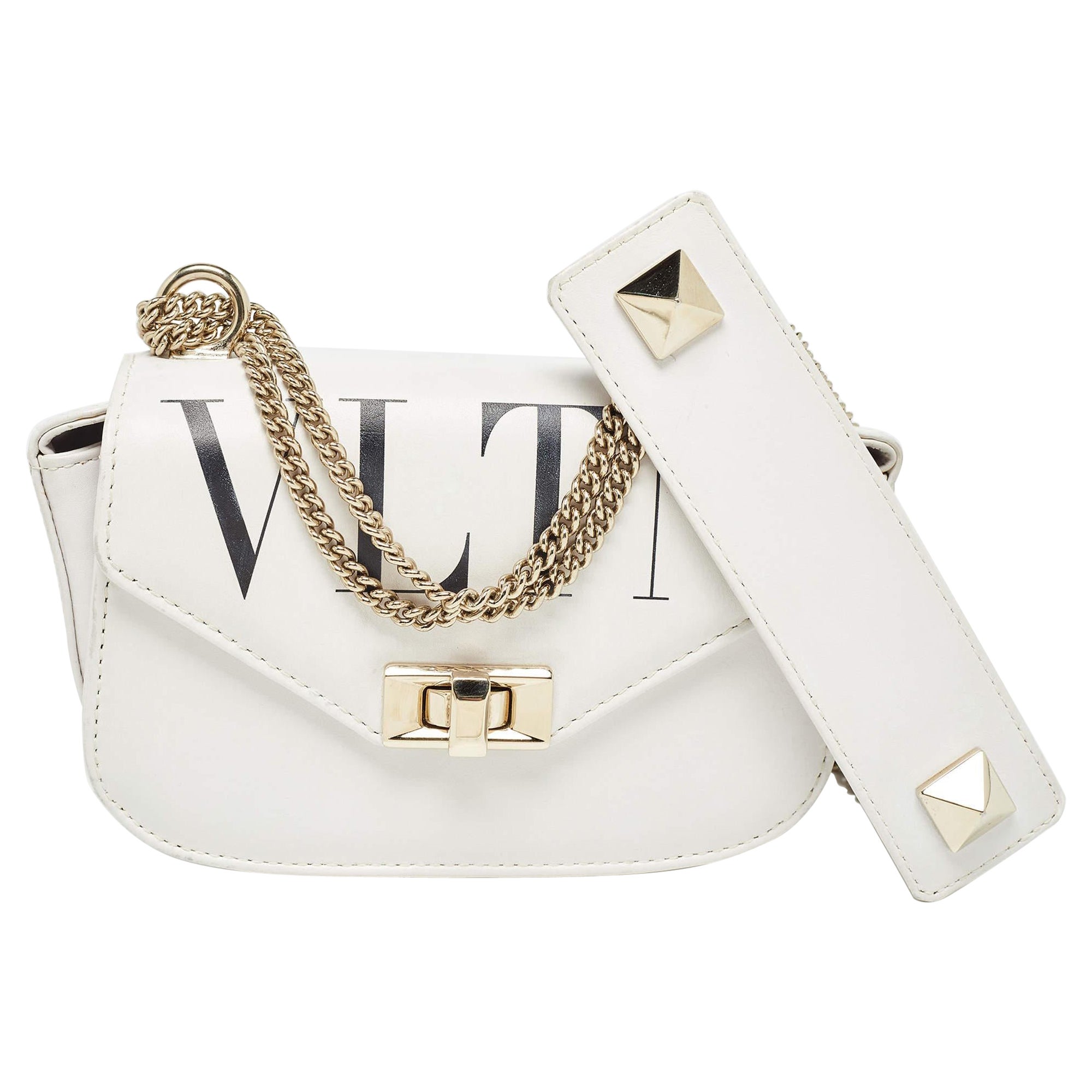Valentino White Leather Small VLTN Shoulder Bag