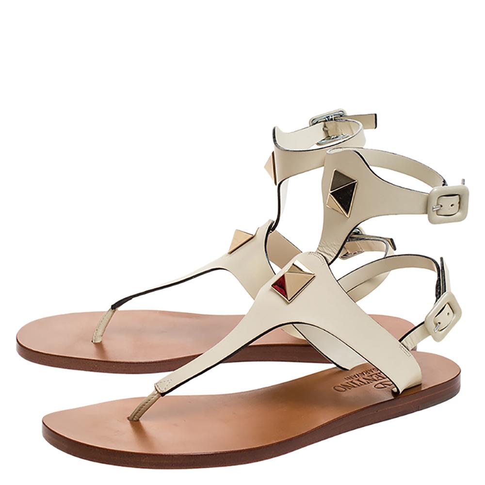 Valentino White Leather Studded Thong Flat Sandals Size 36 3