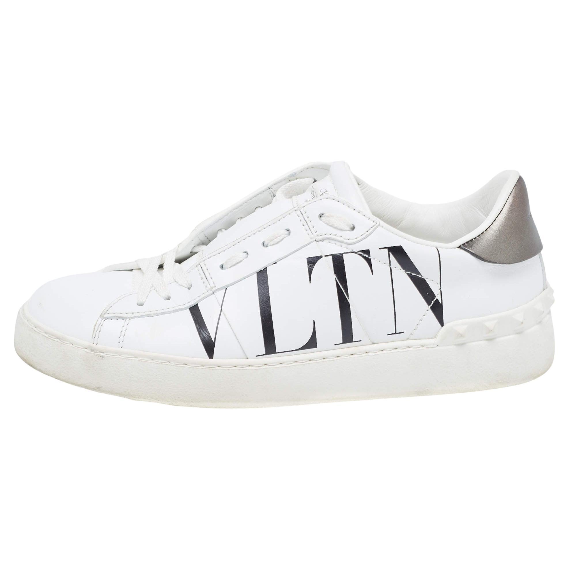 Valentino White Leather VLTN Open Sneakers Size 37 For Sale