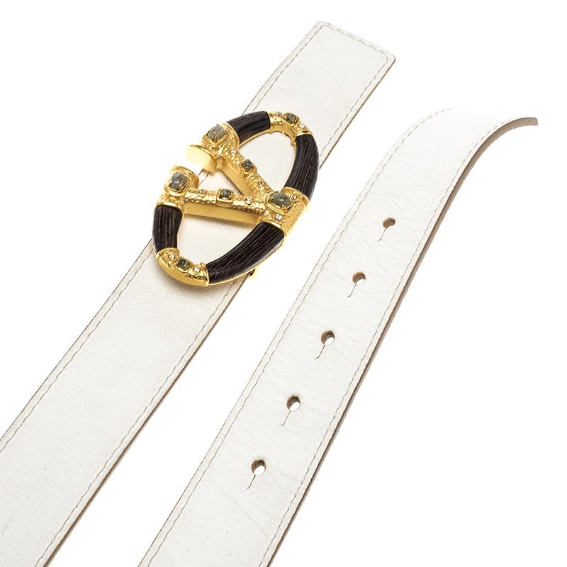 Women's Valentino White Leather Wood Logo Platino Belt 95 CM