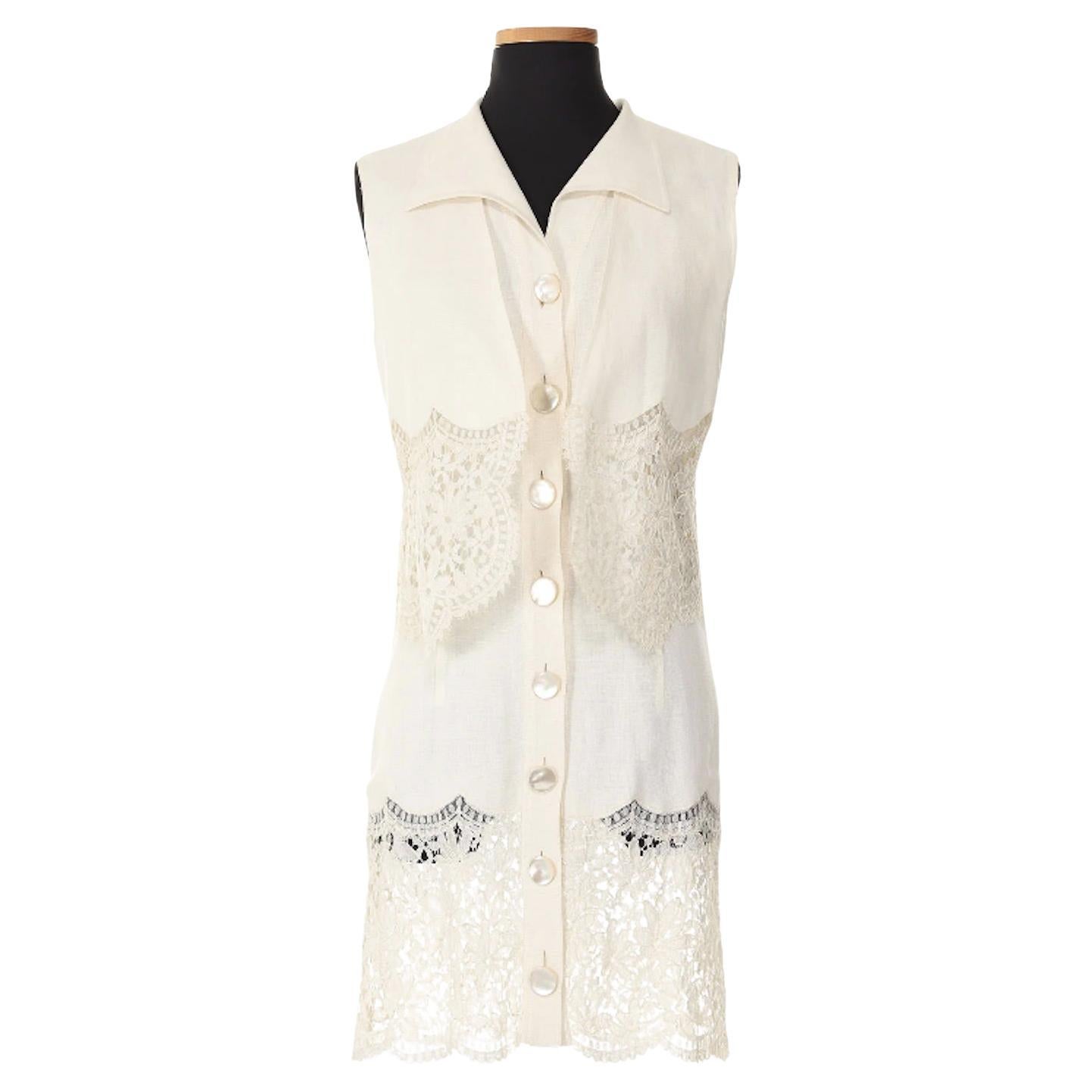 Valentino White Linen Dress With Lace Hem & Matching Vest For Sale