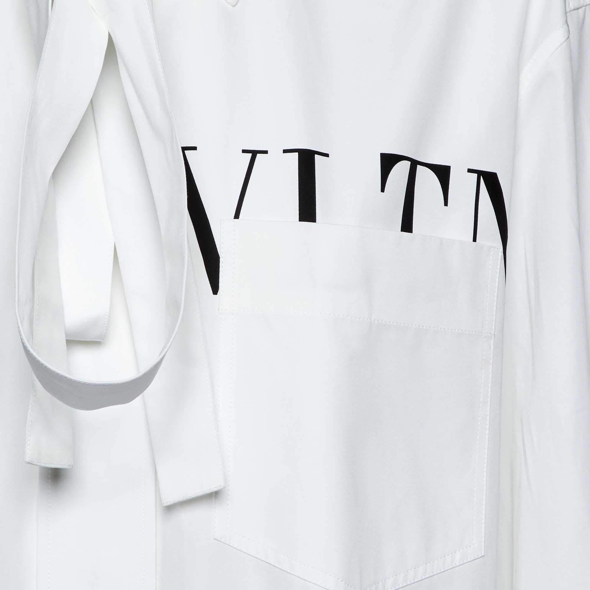 Gray Valentino White Logo Print Poplin Tie-Up Neck Detail Oversize Shirt L For Sale