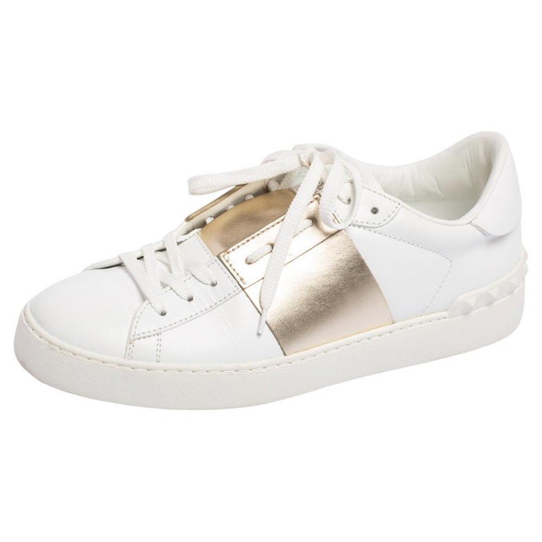 Valentino White/Metallic Gold Band Leather Open Low Top Sneakers Size 39 at  1stDibs
