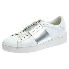 Valentino White/Metallic Silver Band Leather Open Low Top Sneakers Size 37.5