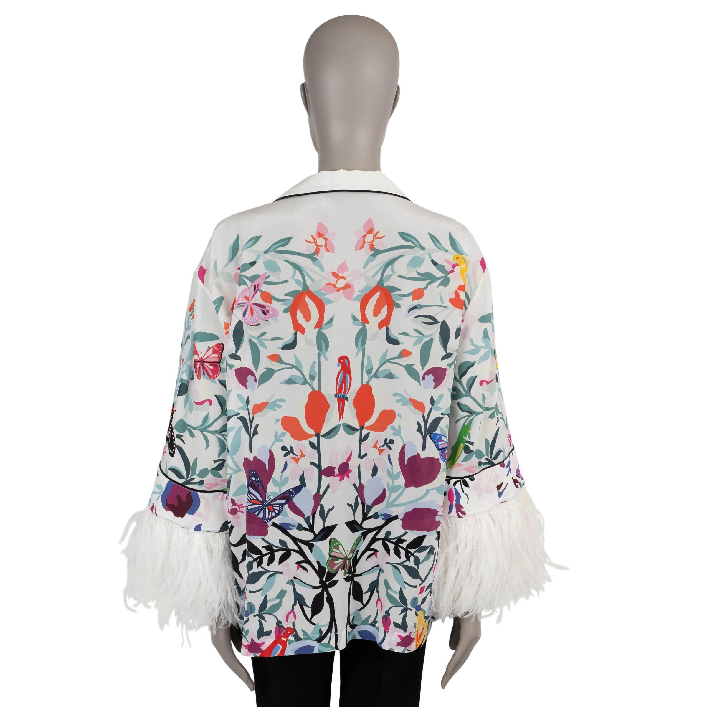 Gray VALENTINO white & multi silk 2022 FLORAL FEATHER TRIM PAJAMA Blouse Shirt S For Sale