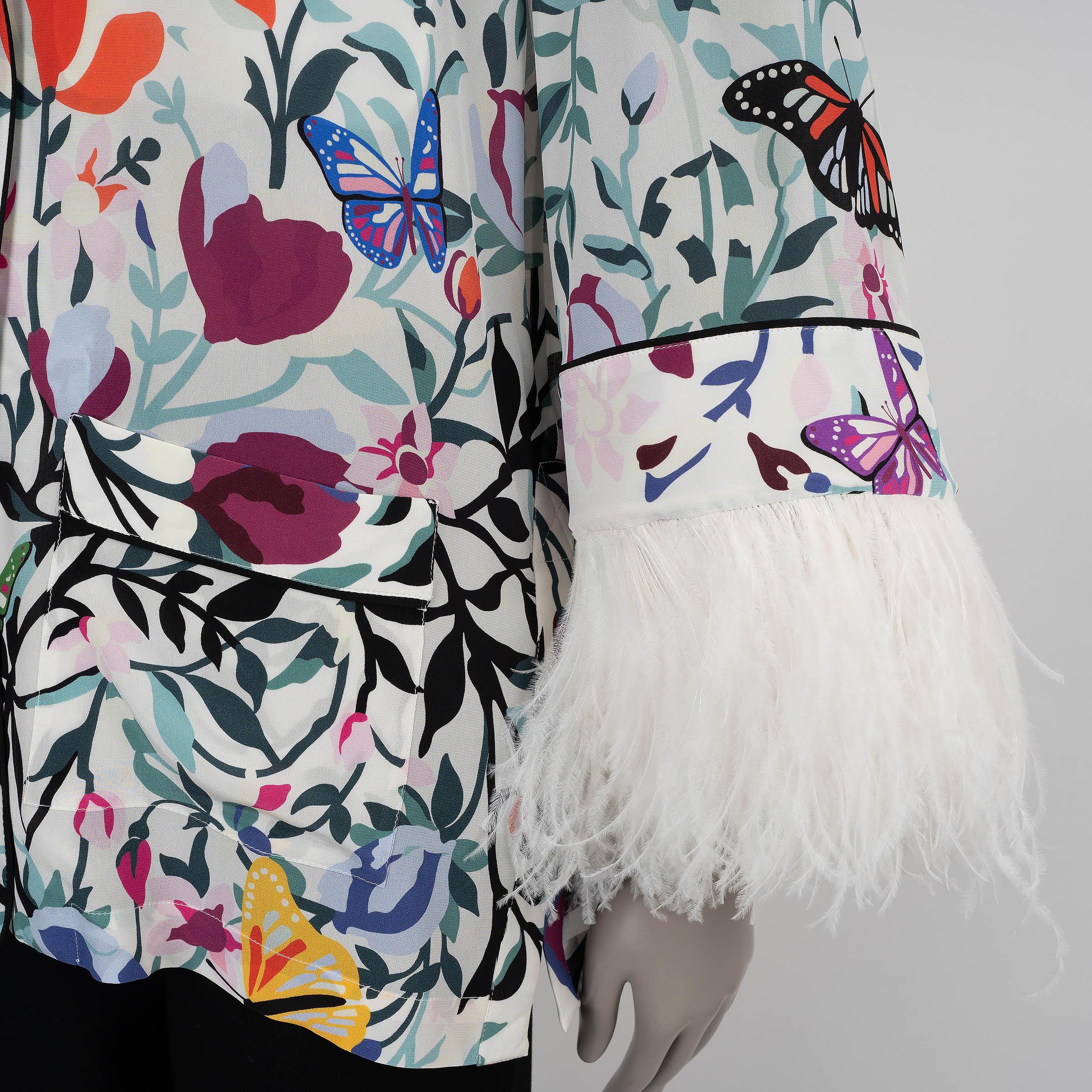 Women's VALENTINO white & multi silk 2022 FLORAL FEATHER TRIM PAJAMA Blouse Shirt S For Sale