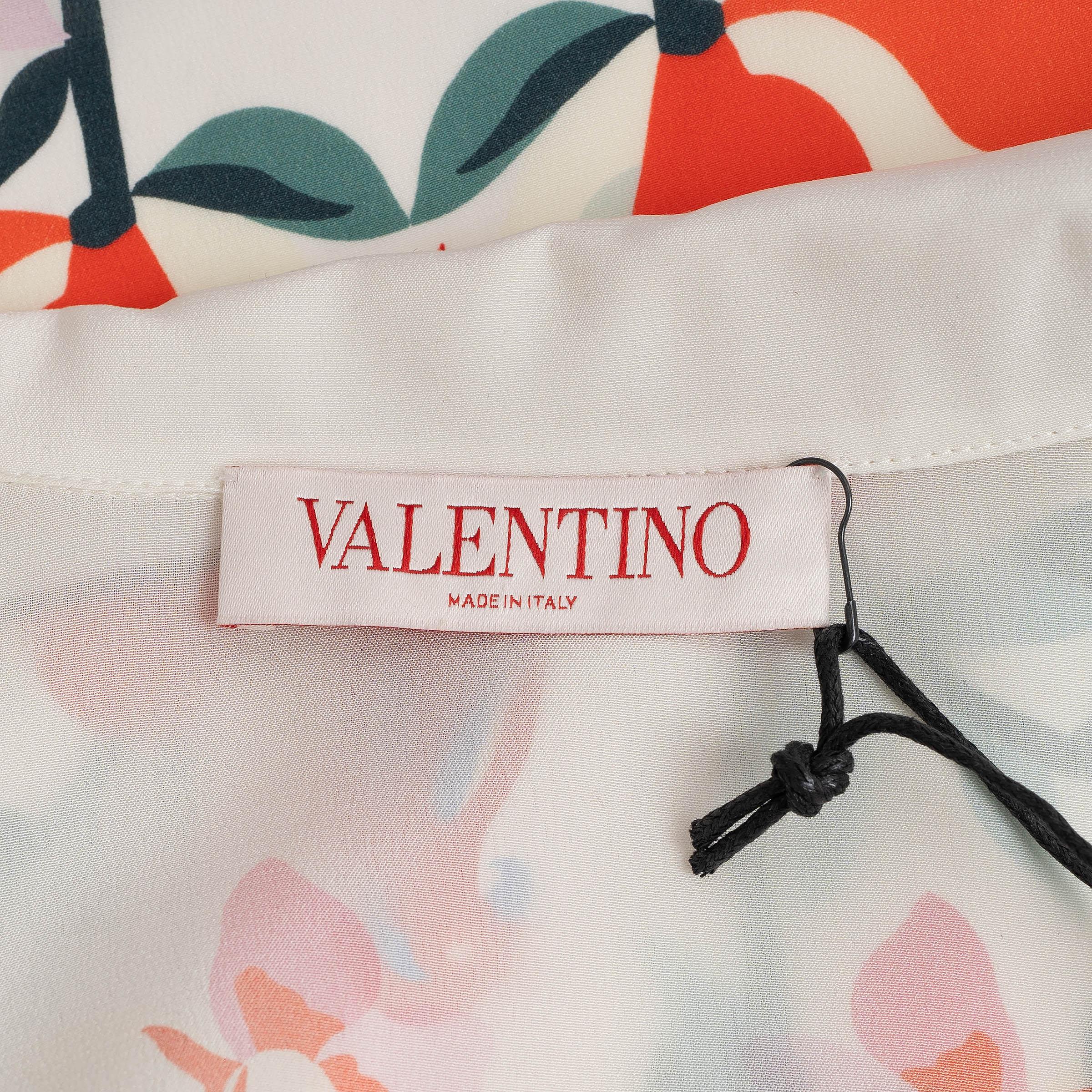 VALENTINO white & multi silk 2022 FLORAL FEATHER TRIM PAJAMA Blouse Shirt S For Sale 1