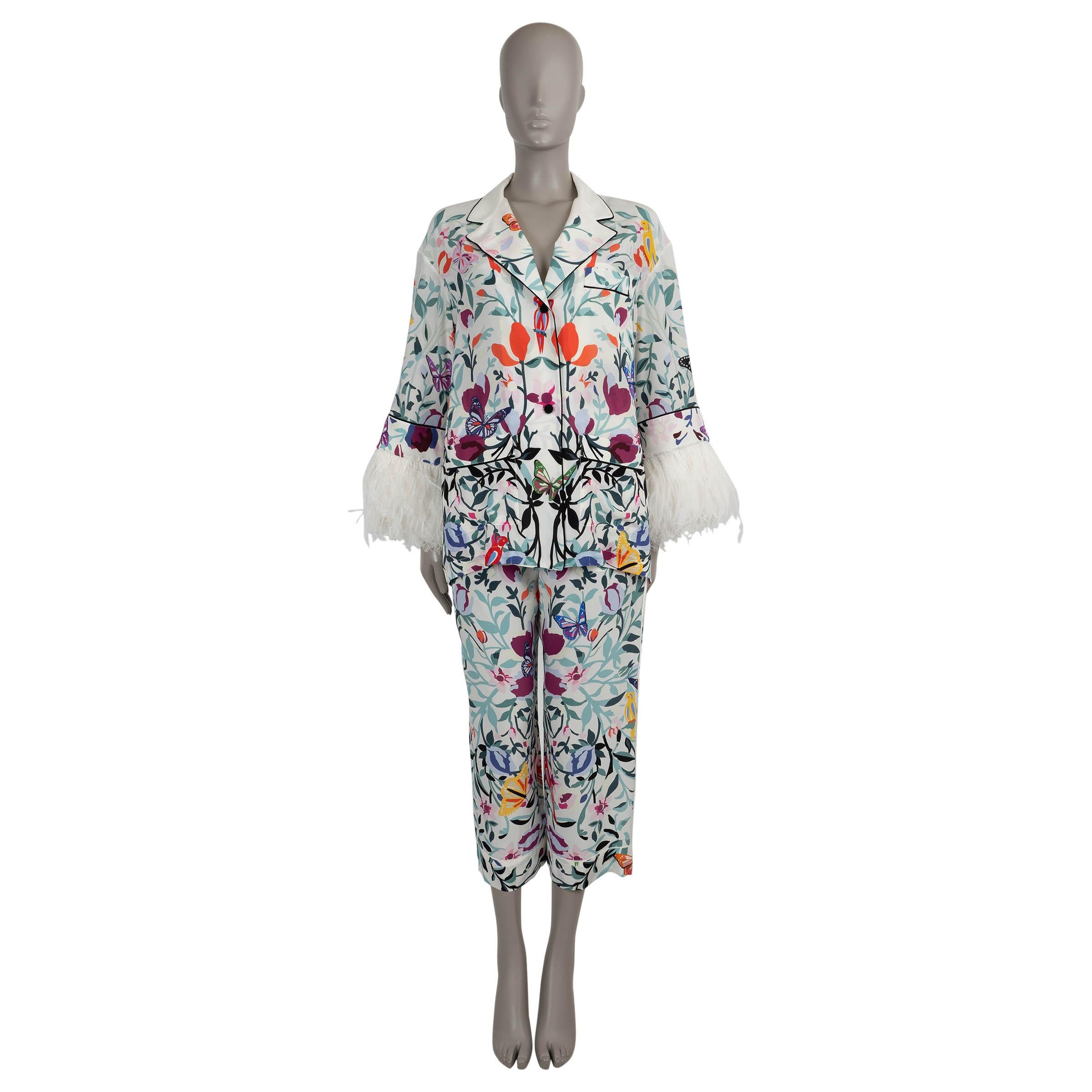 VALENTINO white & multi silk 2022 FLORAL FEATHER TRIM PAJAMA Blouse Shirt S For Sale 2