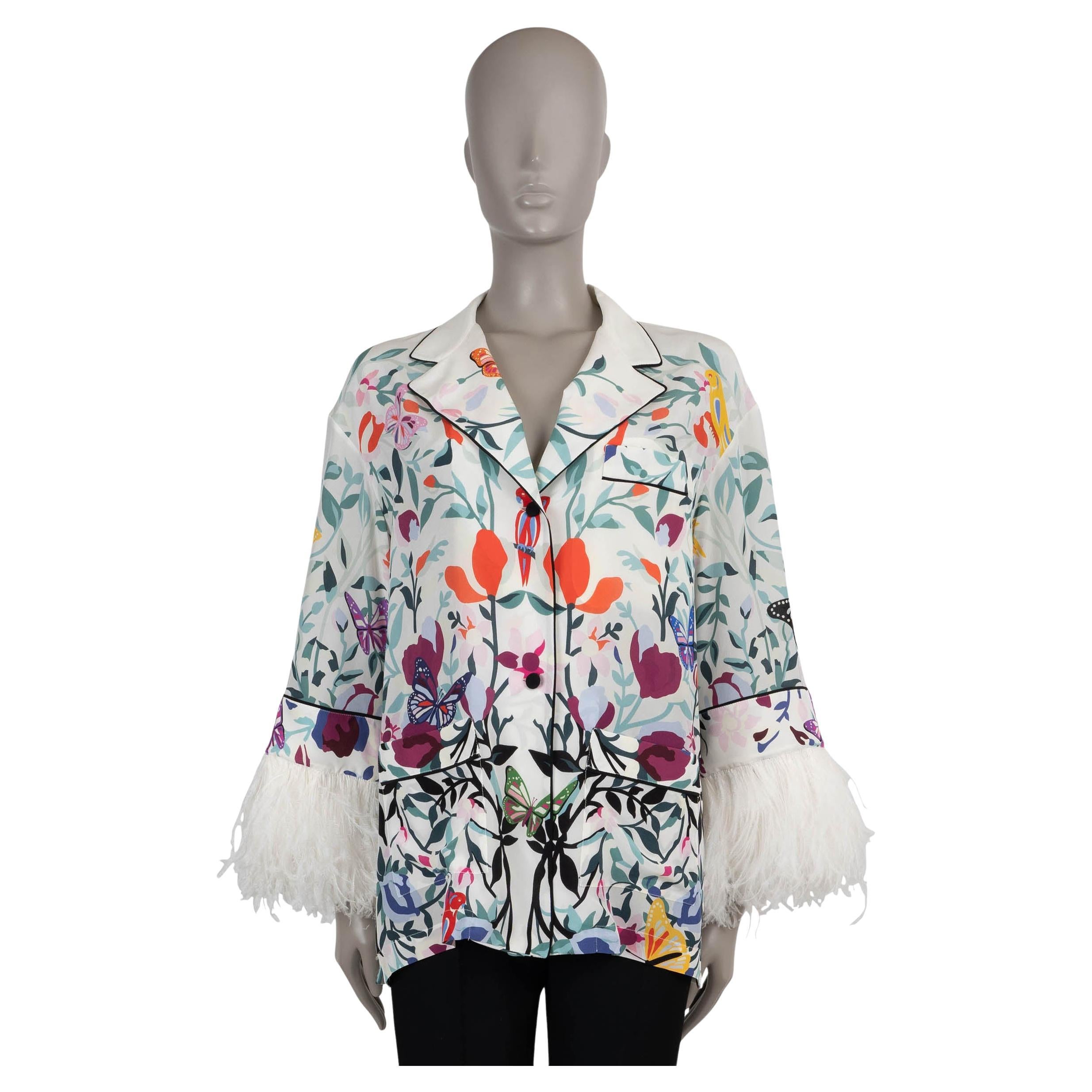 VALENTINO white & multi silk 2022 FLORAL FEATHER TRIM PAJAMA Blouse Shirt S For Sale