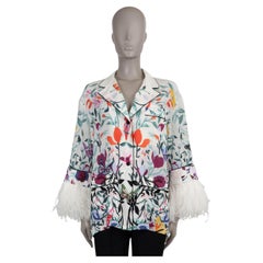 VALENTINO white & multi silk 2022 FLORAL FEATHER TRIM PAJAMA Blouse Shirt S